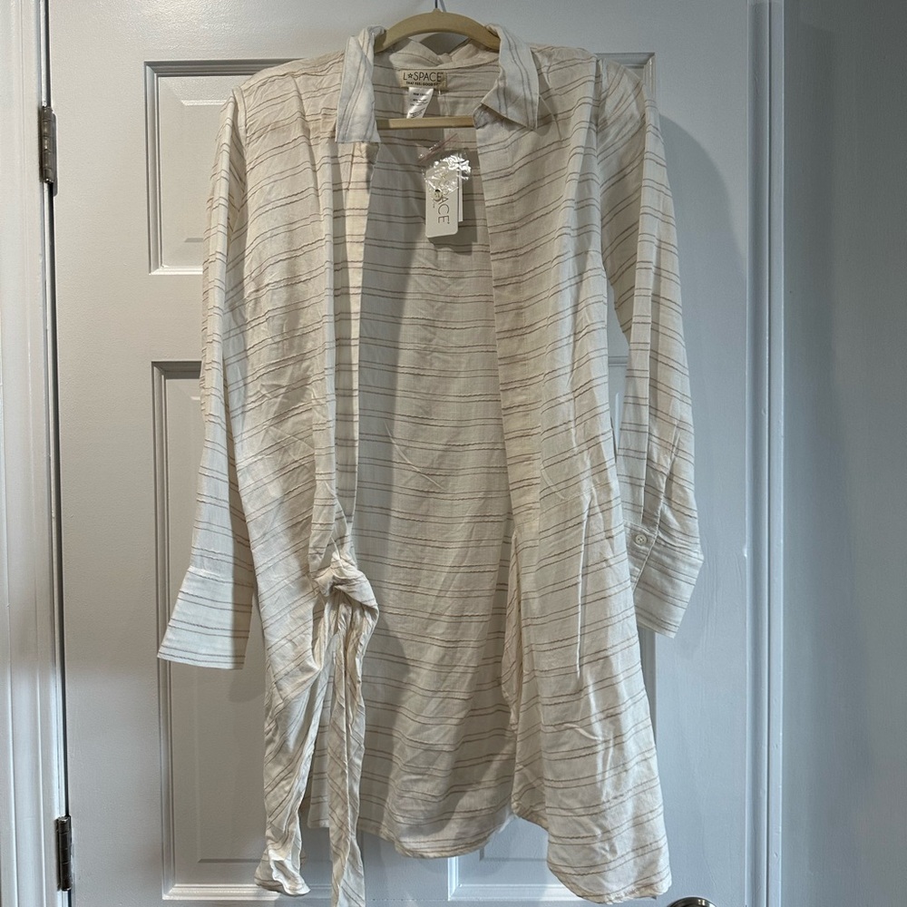 Cream Striped Long Sleeve Beach Cover-Up